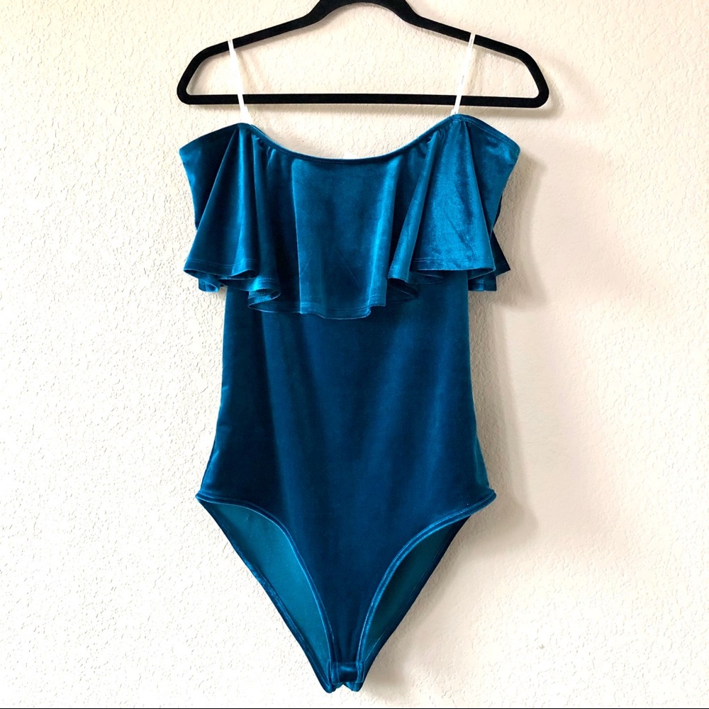 NWT Forever 21 Velvet Bodysuit Teal Large - Picture 3 of 3